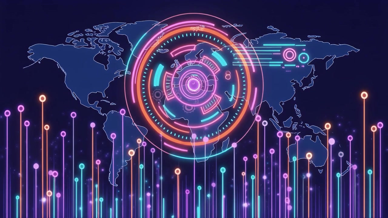 Digital World Map with Futuristic HUD Interface and Data Visualization