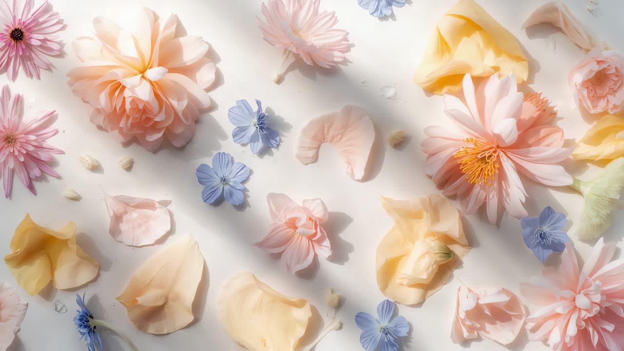 Foglie verdi rotonde che si estendono su fiori disposti a piatto su un tavolo bianco, con fioriture color pesca.