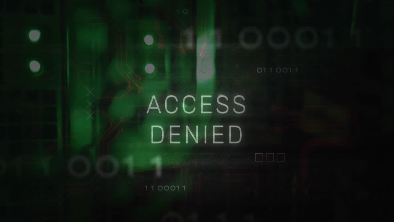 Access denied text and microprocessor connections against close up of a computer server