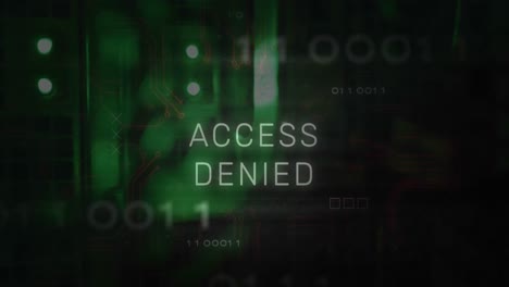 access denied text and microprocessor connections against close up of a computer server