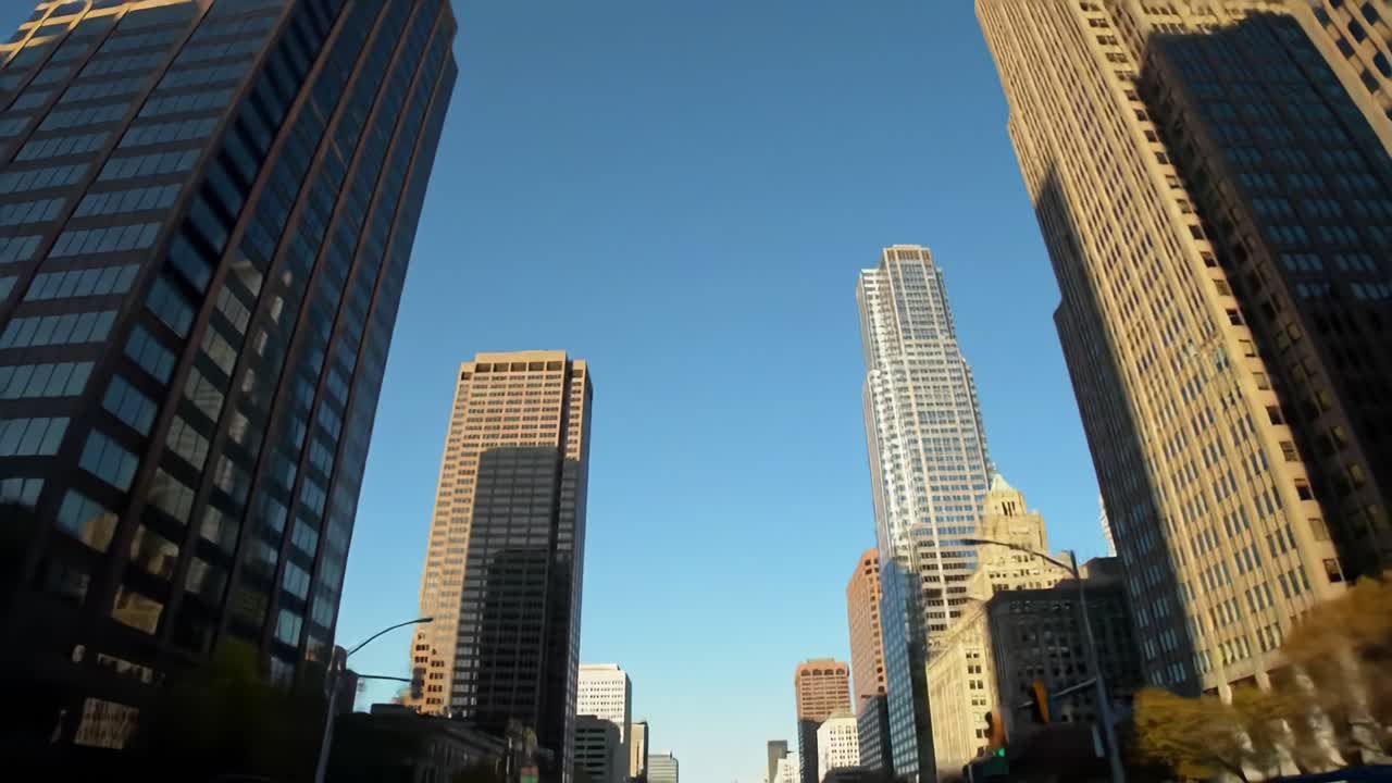 Experience the beauty of a lively city as sunlight reflects off the towering skyscrapers, showcasing modern architecture against a bright blue sky. The lively atmosphere invites exploration.