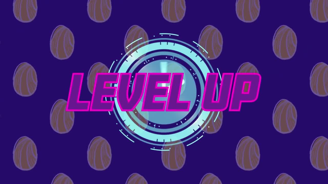 animazione del testo di livello superiore sulla scansione dello scopo e icone di uova su sfondo blu