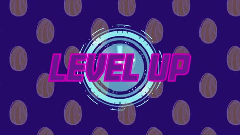 animation of level up text over scope scanning and egg icons on blue background