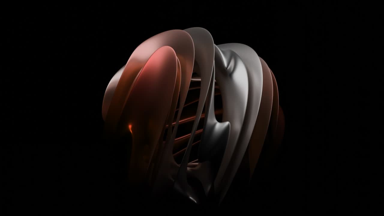 bola 3d de capas curvas. diseño. bola giratoria 3d de pétalos sobre fondo negro. hermosa bola de curvas y capas girando en el espacio