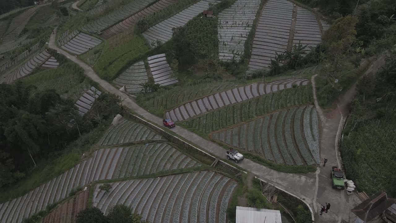 aerial view, jeep driving past vegetable fields and mountainside villages