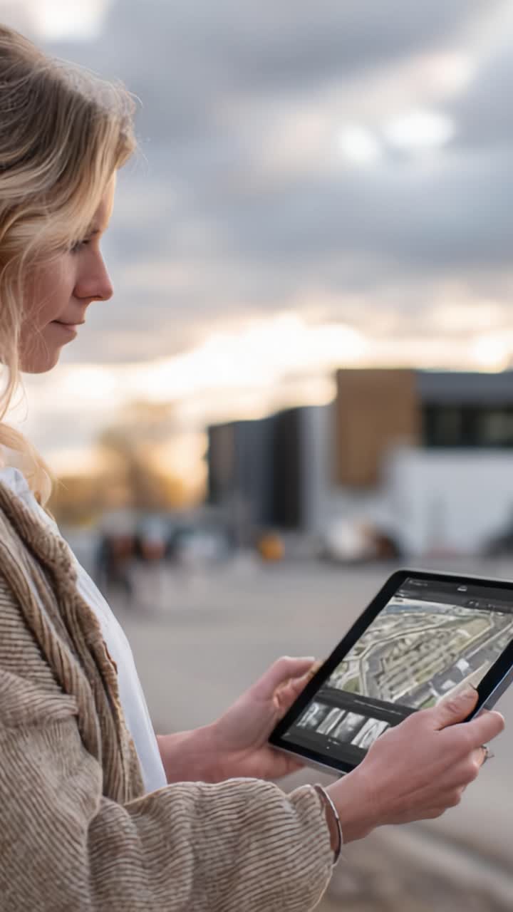 A Young Woman Engaged in a Digital Experience while Observing a Cityscape with an Electronic Tablet Under a Dramatic Cloudy Sky at Sunset