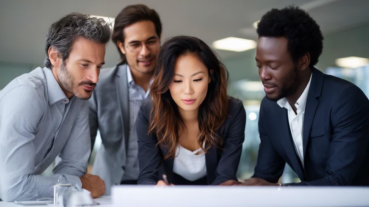 A Collaborative Business Meeting Featuring Diverse Colleagues Engaged in Discussion and Problem-Solving Around a Computer, Fostering Teamwork, Creativity, and Innovation in a Professional Environment