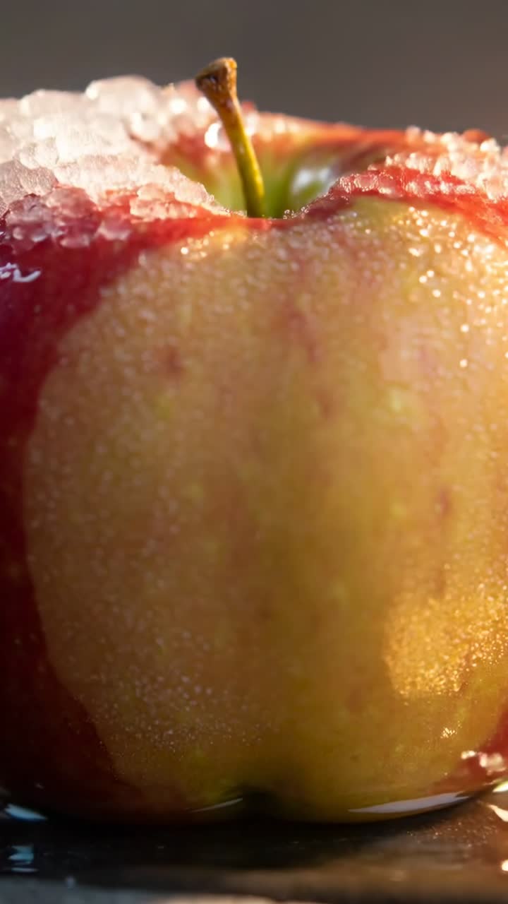 Vertical video: Zooming camera showing red apple on dark plate, sugar ring, stem, drops for detail