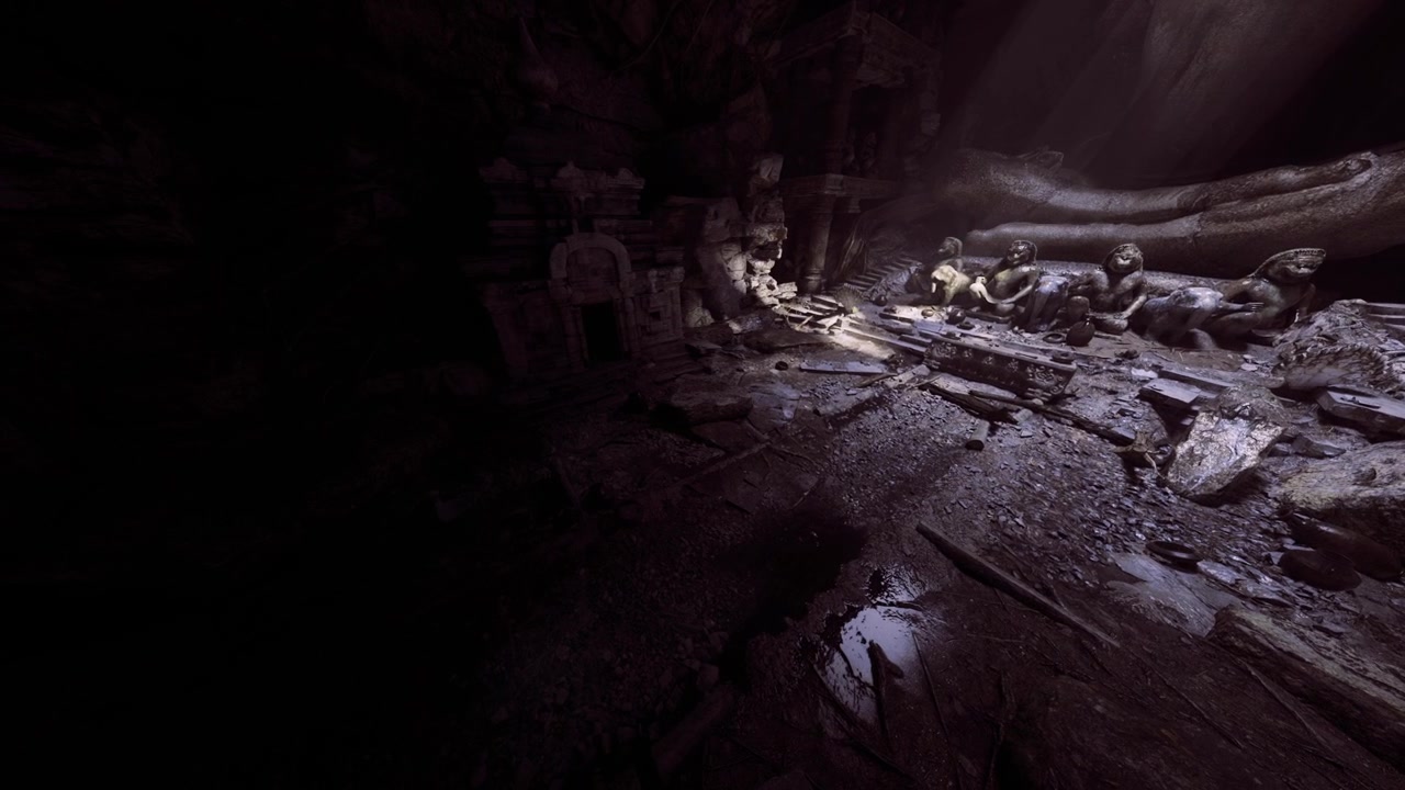 Ancient ruins shrouded in darkness reveal forgotten sculptures and mystery