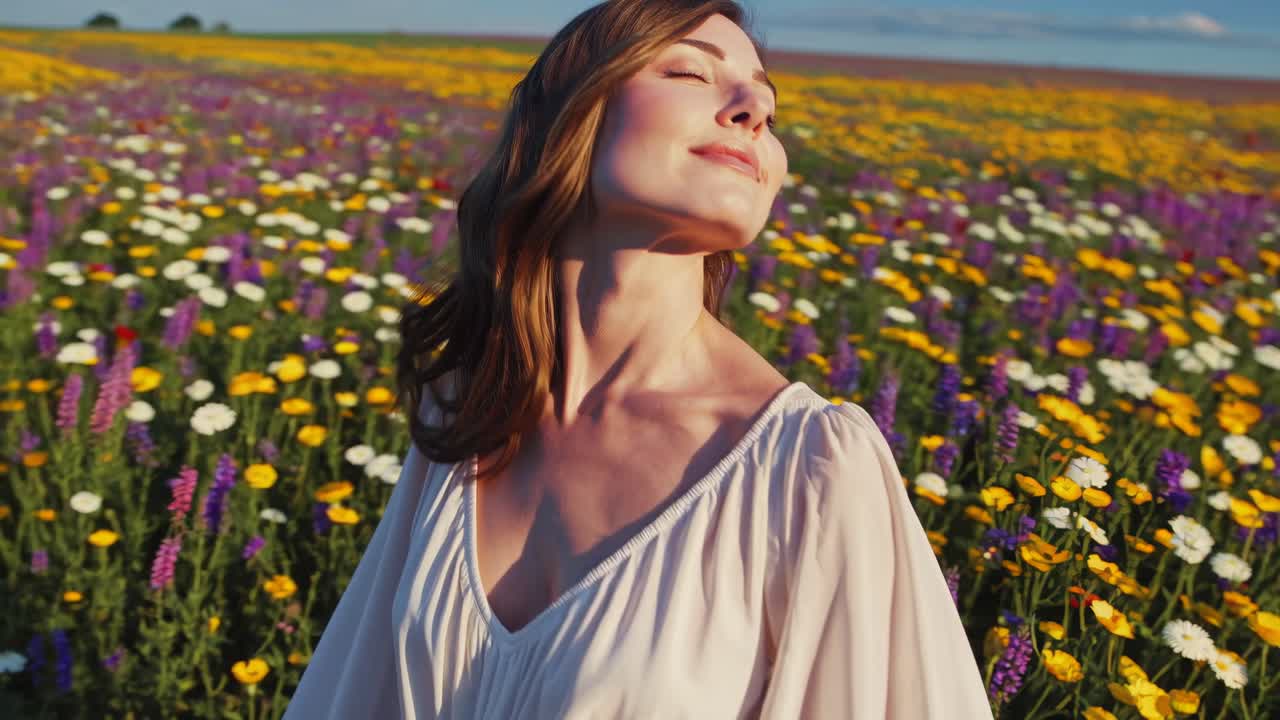 Una serena scena video cattura una donna in abito bianco che si gode un vibrante campo di fiori.