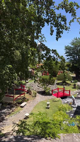 japanese garden with red bridges