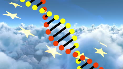 animation of rotating dna strand over european union flag and clouds etc
