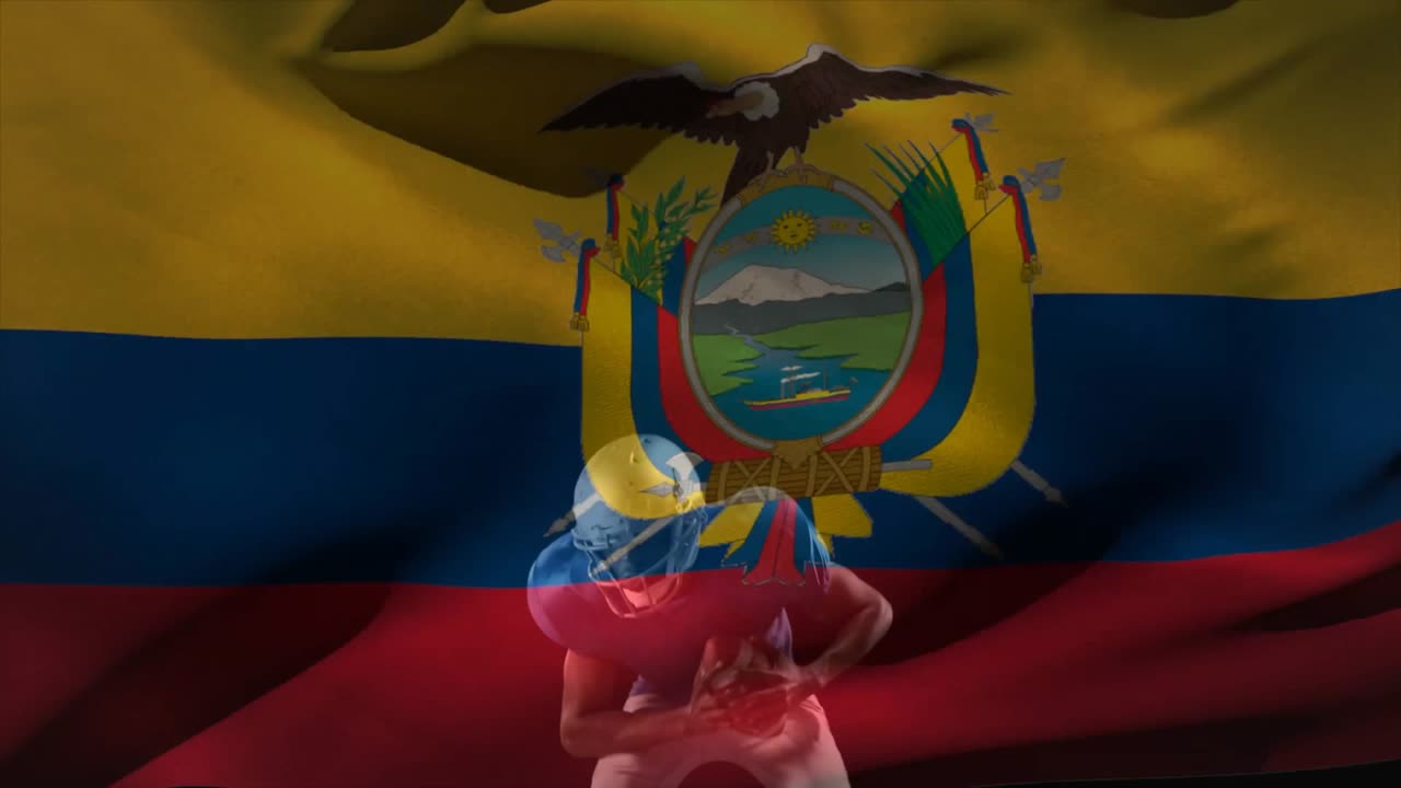 Bandiera dell'Ecuador che sventola, persona che tiene un oggetto a forma di cuore con animazione sullo sfondo.