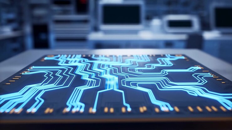 Blue illumination progressively fills branching circuit traces across a flat board on a white work surface, while cool-toned screens and equipment remain softly out of focus behind.