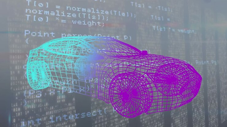 Animation of car project over data processing in grey space