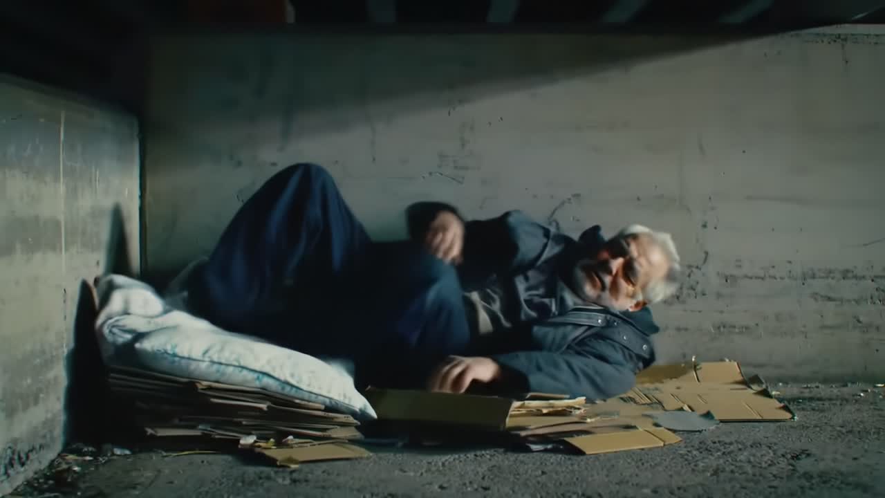 A man lies on a makeshift bed of cardboard in an urban setting, sheltered from the outside elements on a cold night. He appears tired and in need of assistance as he seeks comfort.