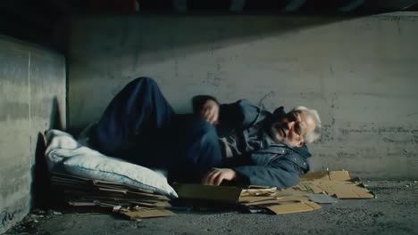 a man lies on a makeshift bed of cardboard in an urban setting, sheltered from the outside elements on a cold night. he appears tired and in need of assistance as he seeks comfort.