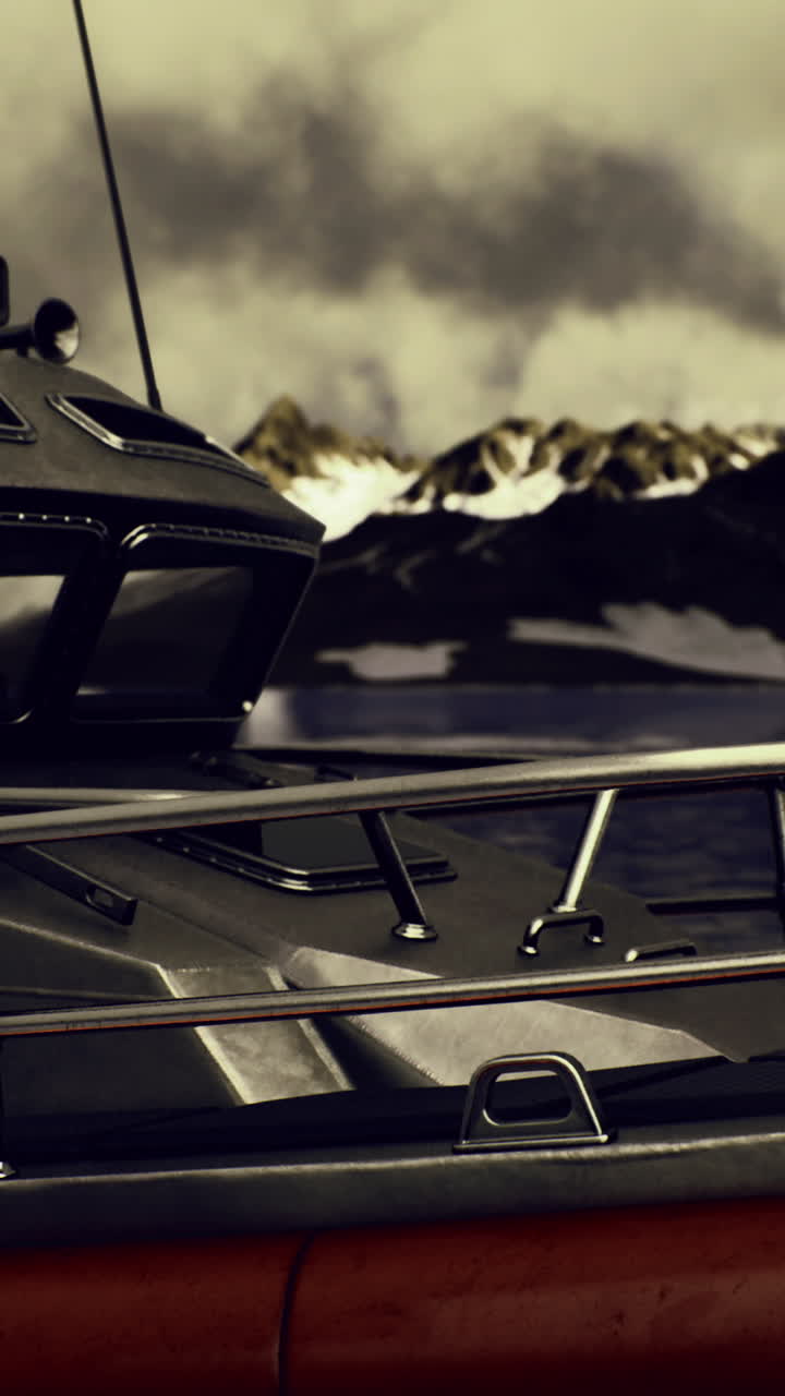 Rescue boat anchored near rocky coast under cloudy sky at sunset