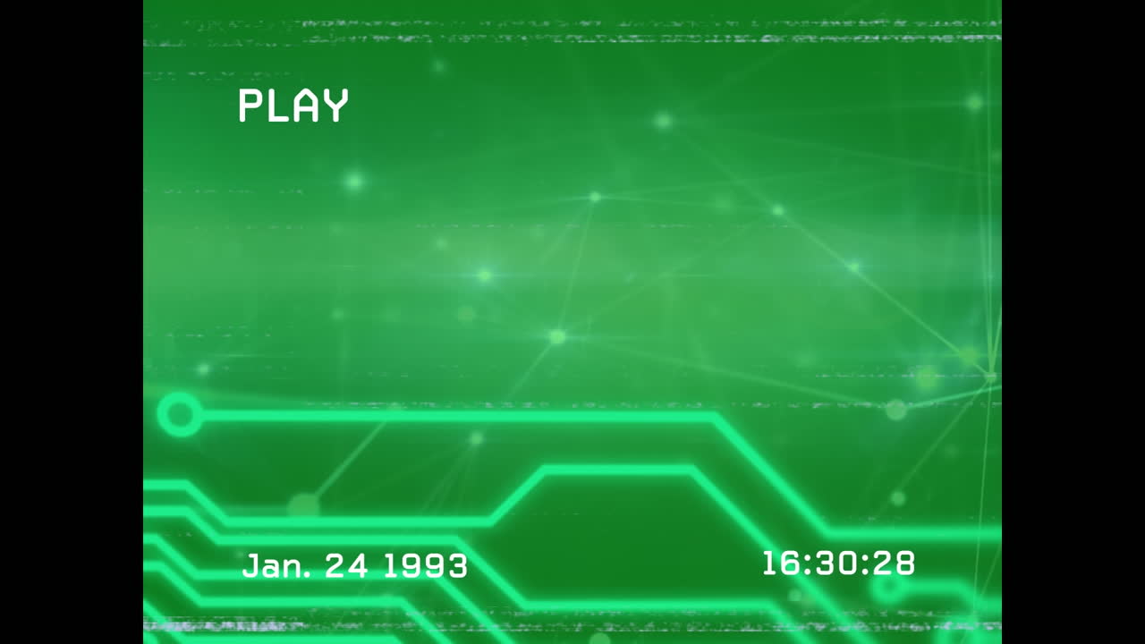 animación de la interfaz digital, la placa base de la computadora y la red de conexiones sobre un fondo verde.