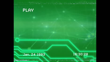 animation of digital interface, computer motherboard and network of connections on green background