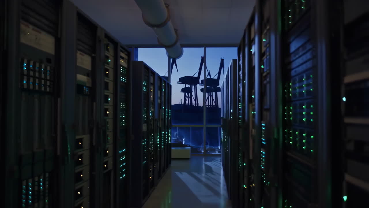 Data Center with Industrial Cranes in the Background at Dusk