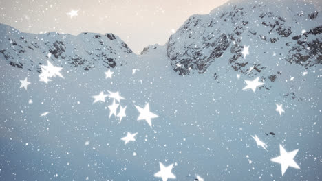 Animation-of-stars-and-snow-falling-over-winter-landscape