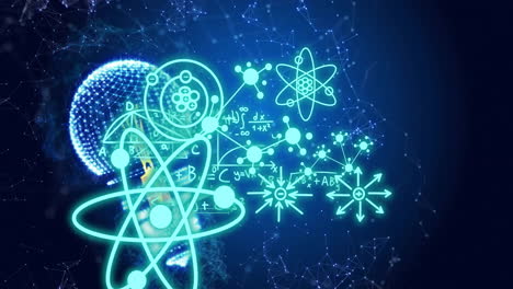 animation of atomic diagrams over light bulb and networks on blue background
