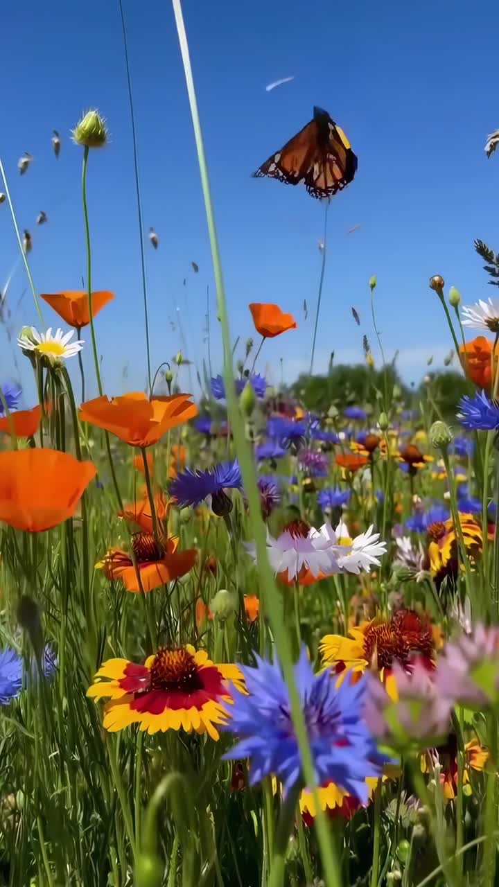 Vivaci fiori selvatici ripresi dal basso, che catturano un campo allegro e colorato in un video.