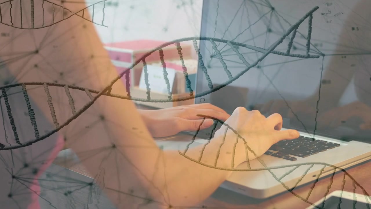 Kvinde taster på bærbar computer ved skrivebord, igangsætter et skiftende DNA-helix-overlay, mens hun analyserer genetiske data.