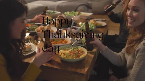 animation of happy thanksgiving day text over happy diverse friends talking and eating