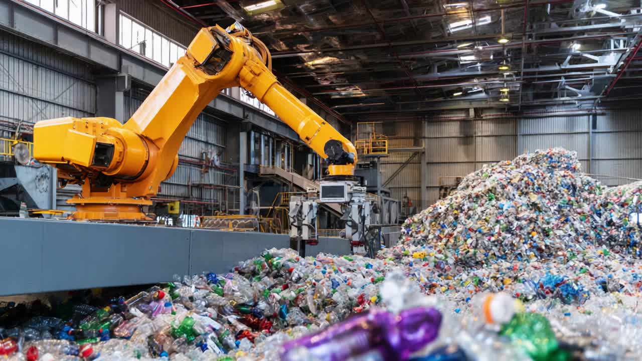 A Robotic Arm at Work: Efficiently Sorting and Managing a Large Pile of Recycled Plastic Waste in a Modern Recycling Facility with Advanced Technology and Automation for Sustainability