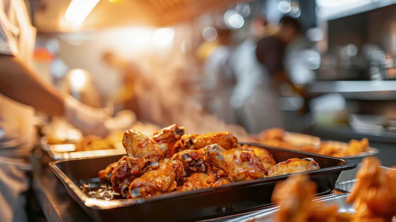 Professional chef wearing protective gloves arranging glazed roasted chicken wings on buffet table, preparing savory dish for restaurant patrons during busy dinner service