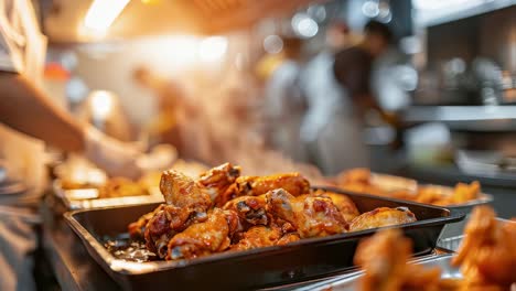 professional chef wearing protective gloves arranging glazed roasted chicken wings on buffet table, preparing savory dish for restaurant patrons during busy dinner service