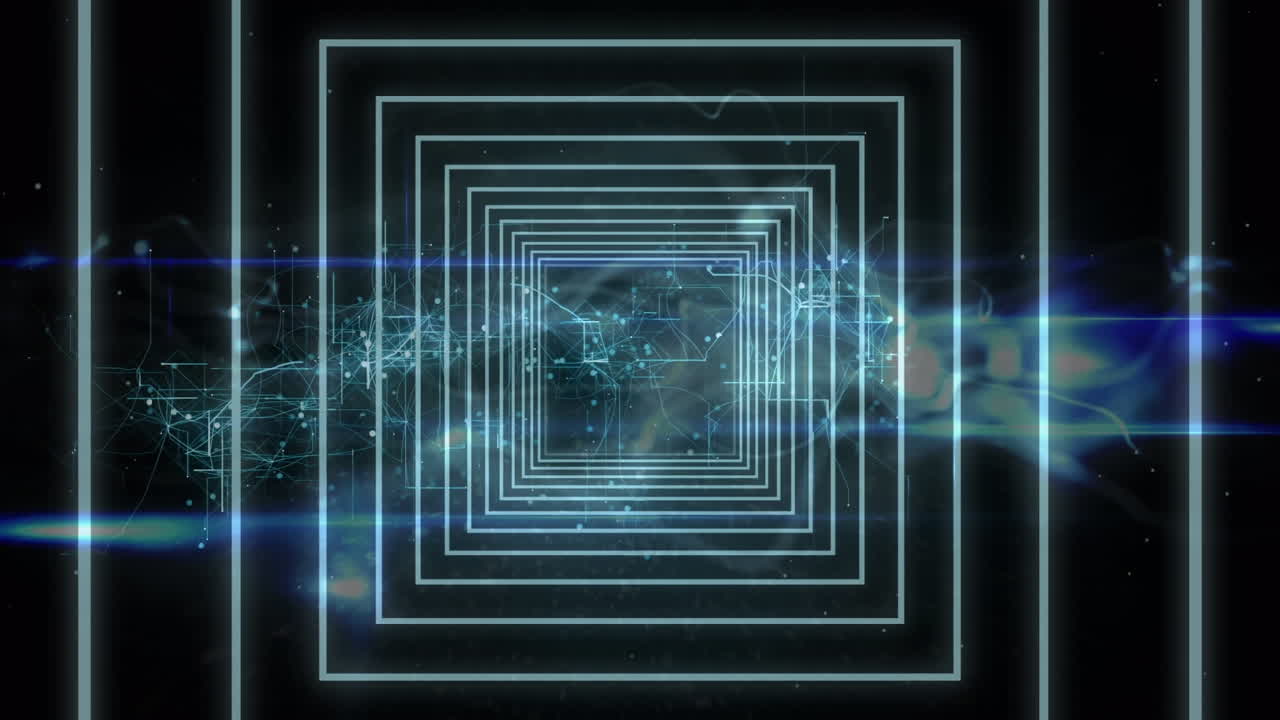 animación de la red de conexiones y el túnel digital sobre fondo negro