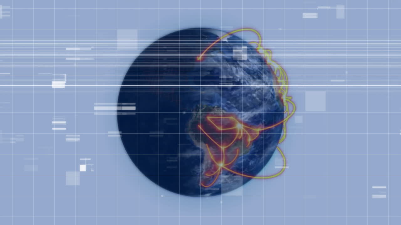 Animation of Earth with digital data lines and grid for global connectivity