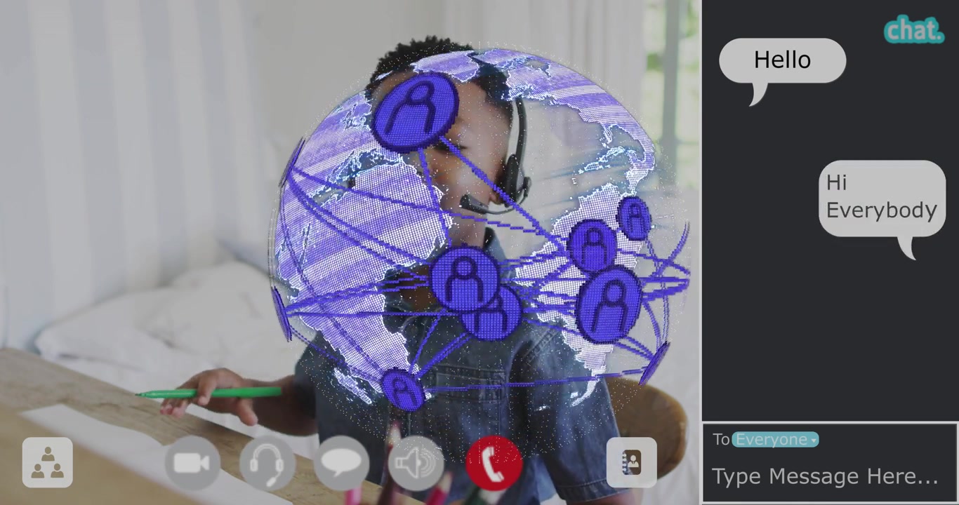 Student joining remote class, tapping pencil while purple globe rotating over face, chat updating