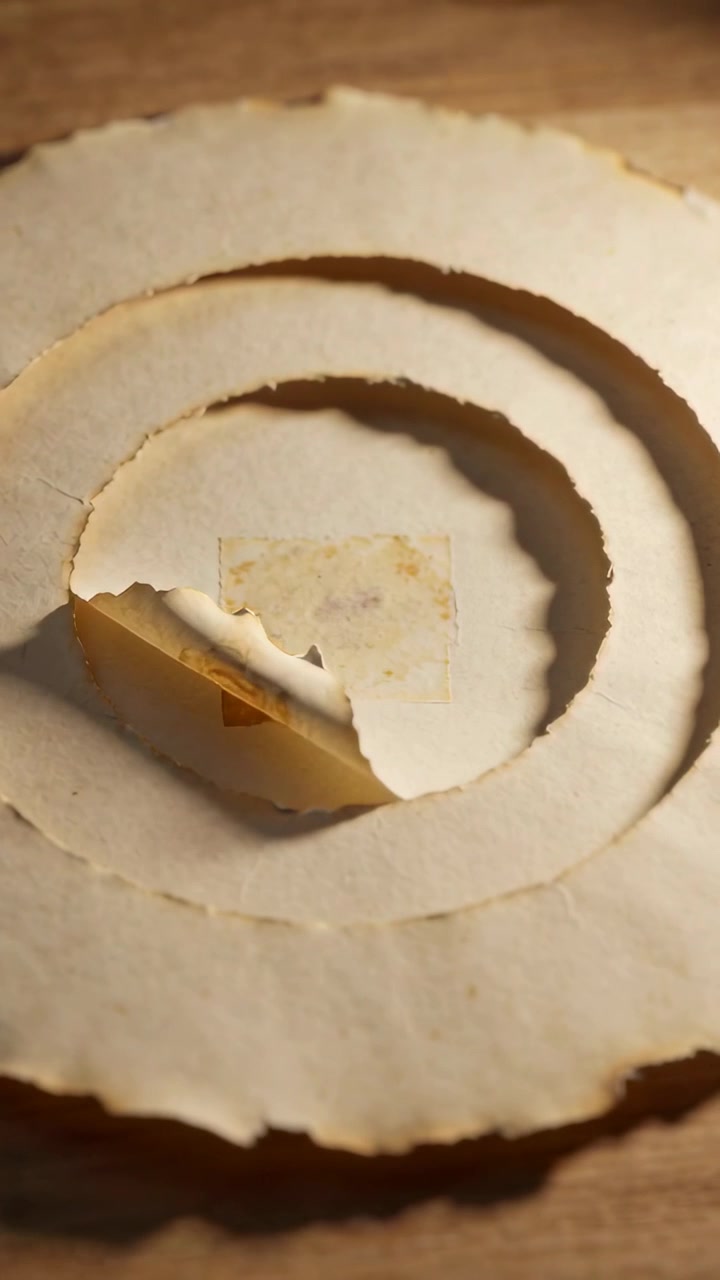 Vertical video: Pulling corner, torn rings flap curling outward on wood table exposing adhesive pad