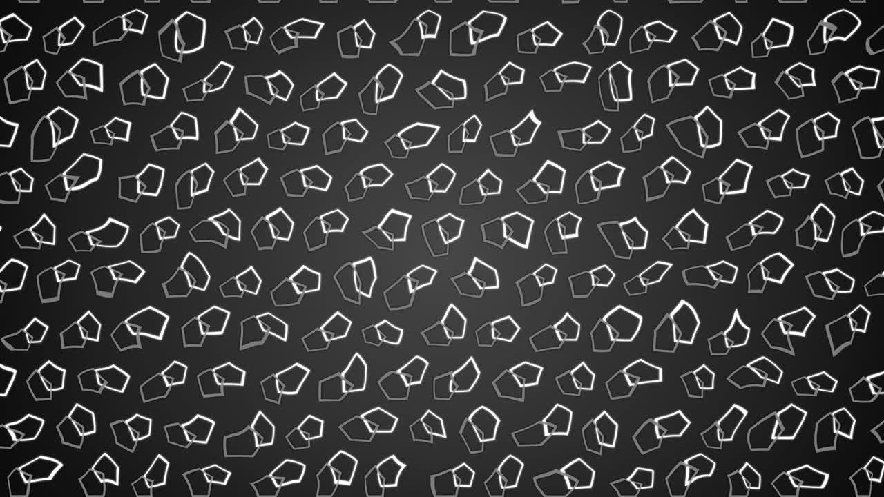 Moving stroked outlined pentagon polygon ring forms with geometric glows and flashes on dark gradient background visual effects abstract motion graphics and vivid neon lines colours white grey