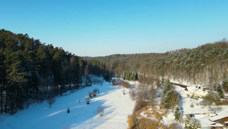 Drohne-Fliegt-über-Den-Schneebedeckten-Mischwald-Und-Privathaus-Auf-Dem-Land-In-Der-Nähe-Der-Straße