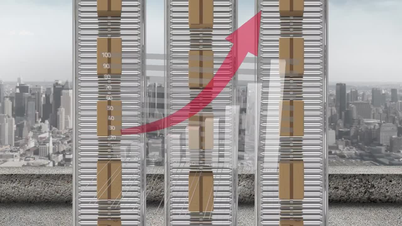 ⁇ 은 화살표가 도시 풍경에 맞서 컨베이어 벨트에 있는 배달 상자 위로 올라갑니다.