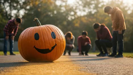 a cheerful pumpkin with a smile at sunset surrounded by friends observing creatively in a scenic outdoor setting