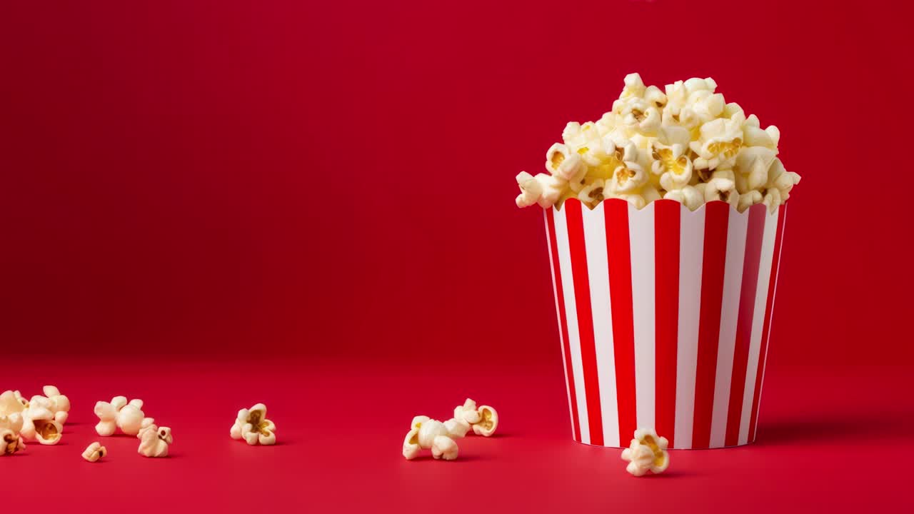 Una vivace immagine a livello degli occhi di un secchiello di popcorn a strisce su uno sfondo rosso, che evoca un classico