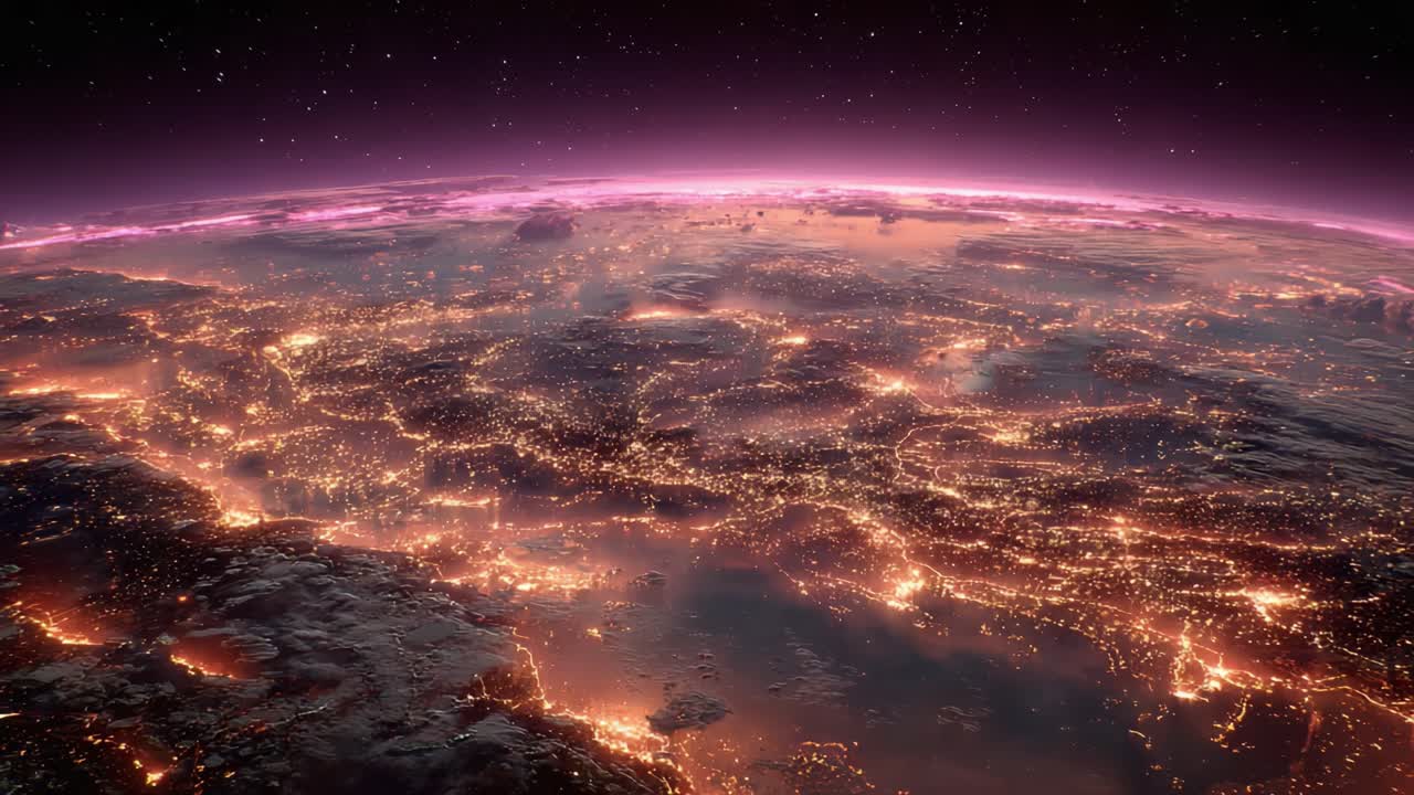 A Stunning View of Earth from Above: The Nighttime Glow of Cities Beneath a Pinkish Atmosphere Captured in Striking Detail