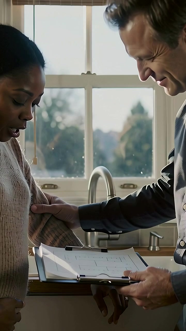 Video verticale: uomo che guida una donna in maglione in cucina, pianificando il layout con un blocco appunti