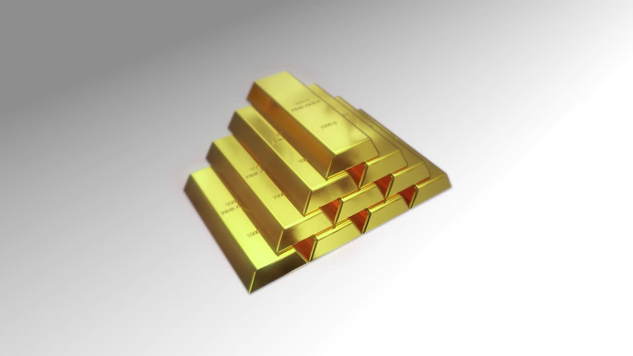 Close-up shot of stacks of gold bars 1000 grams, turntable, motion looping concepts of success in business and finance.