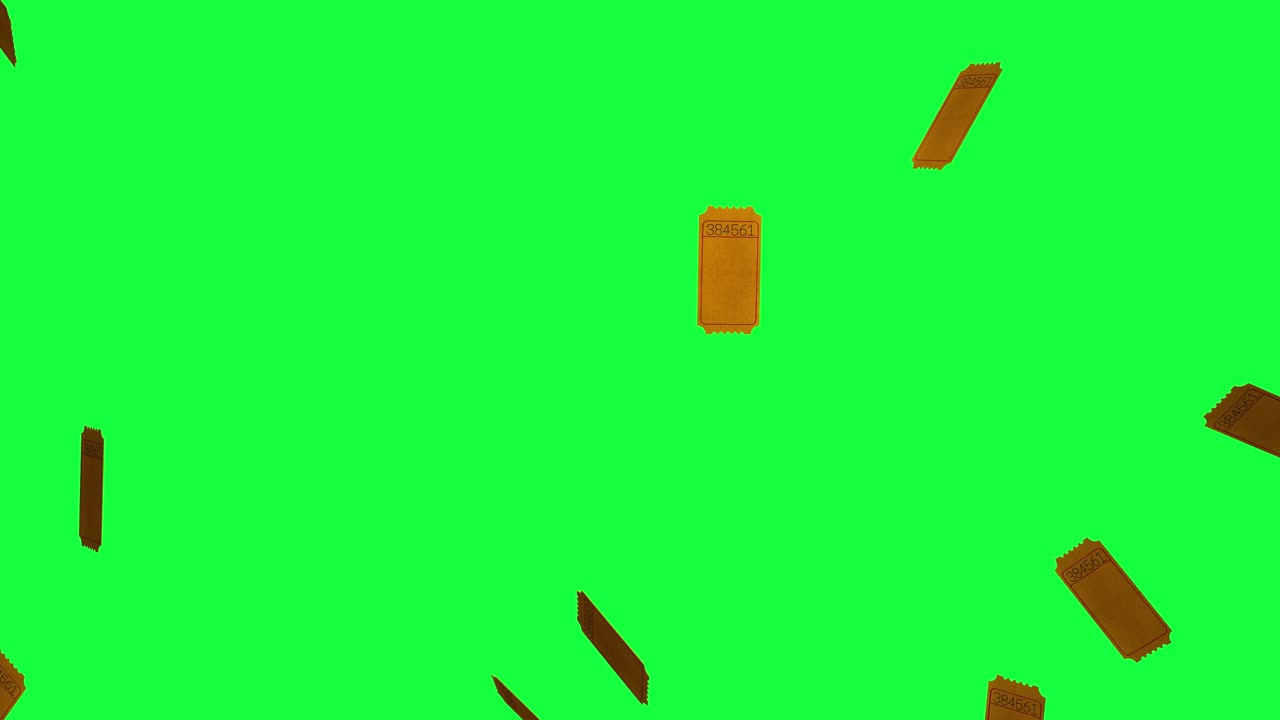 티켓과 스 ⁇ 이 녹색 화면이나 크로마 키 배경에 비가 내리고 떨어집니다.