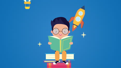 celebración del día mundial del libro con un niño pequeño leyendo y lanzando cohetes