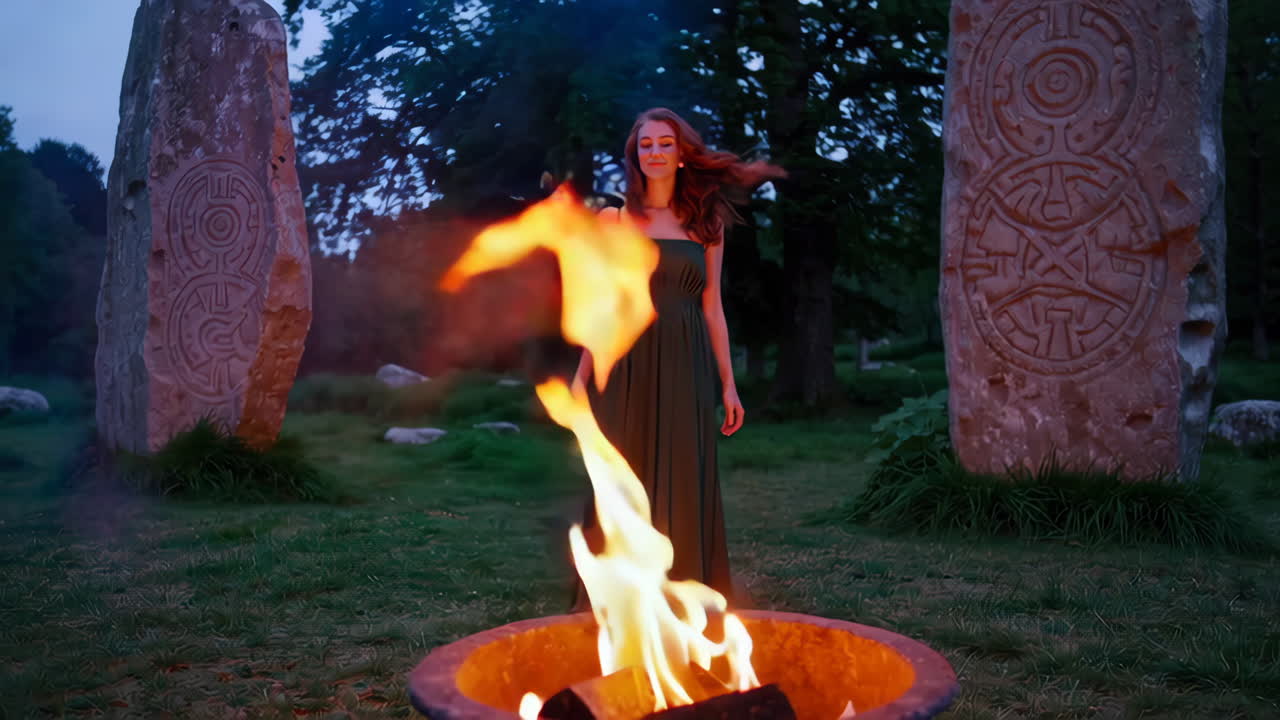 Woman in Green Dress by a Fire and Ancient Stones