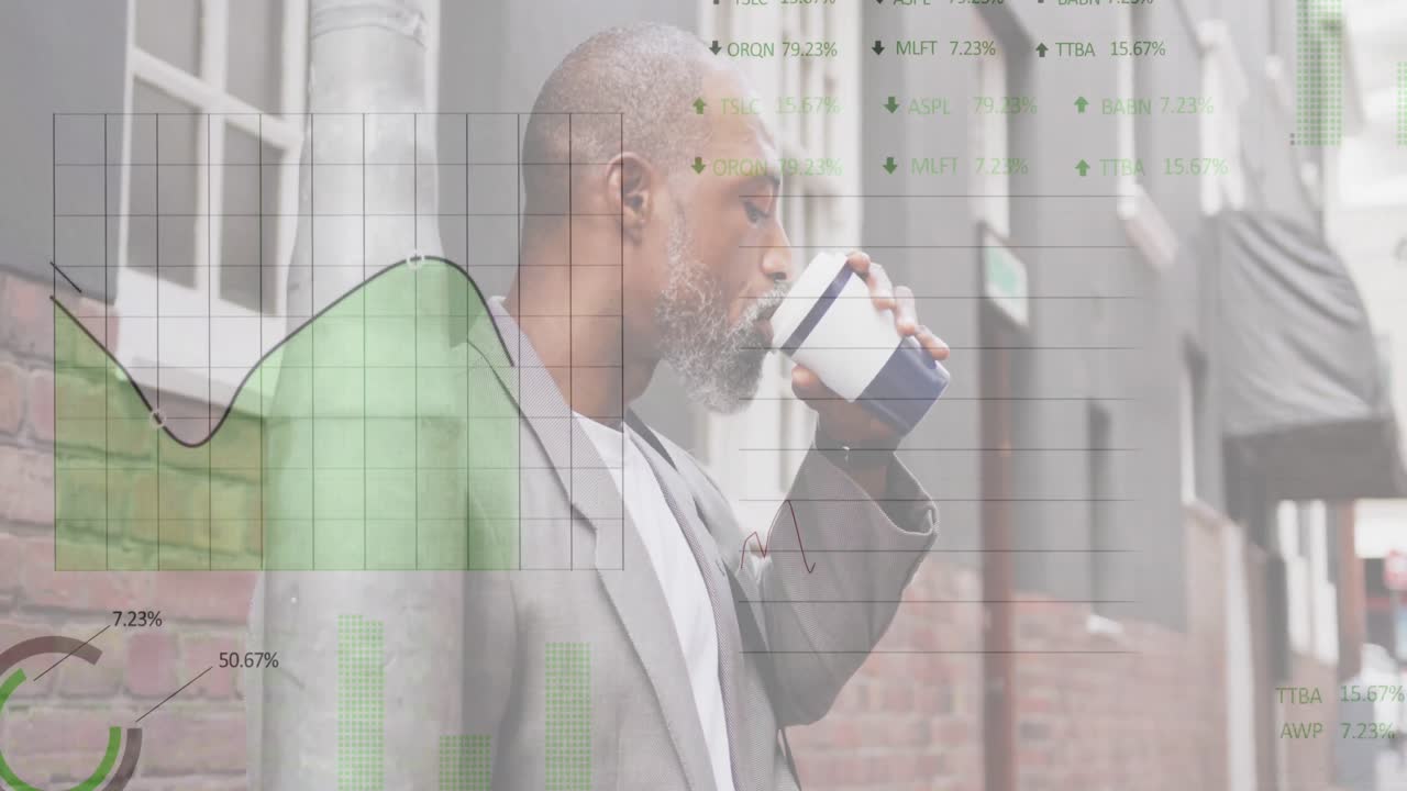 Animação de processamento de dados do mercado de ações sobre um homem afro-americano bebendo café na rua.