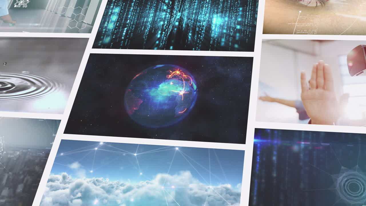 9개의 비즈니스, 레저 및 기술 화면의 복합 애니메이션